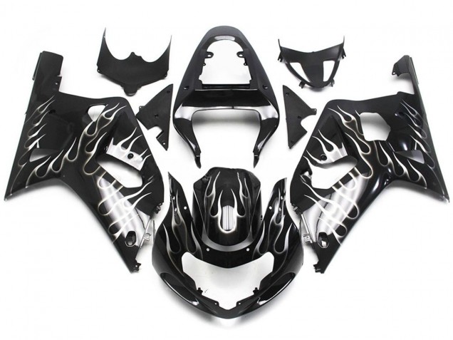 2001-2003 Noir & Blanc Brillant Flamme GSXR 600-750 Carénage Moto 2001-2003 Noir & Blanc Brillant Flamme GSXR 600-750 Carénage Moto
