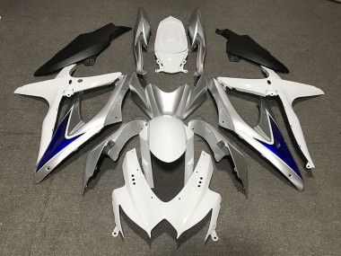 2008-2010 Blanc Brillant Avec Argent & Bleu Noir Mat Inférieur GSXR 600-750 Carénage Moto
